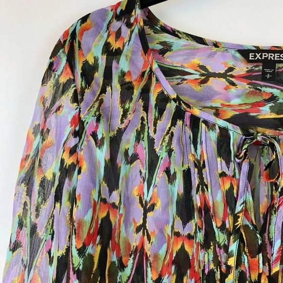 Express Tie Neck Semi Sheer Abstract Blouse Top S - Picture 2 of 6